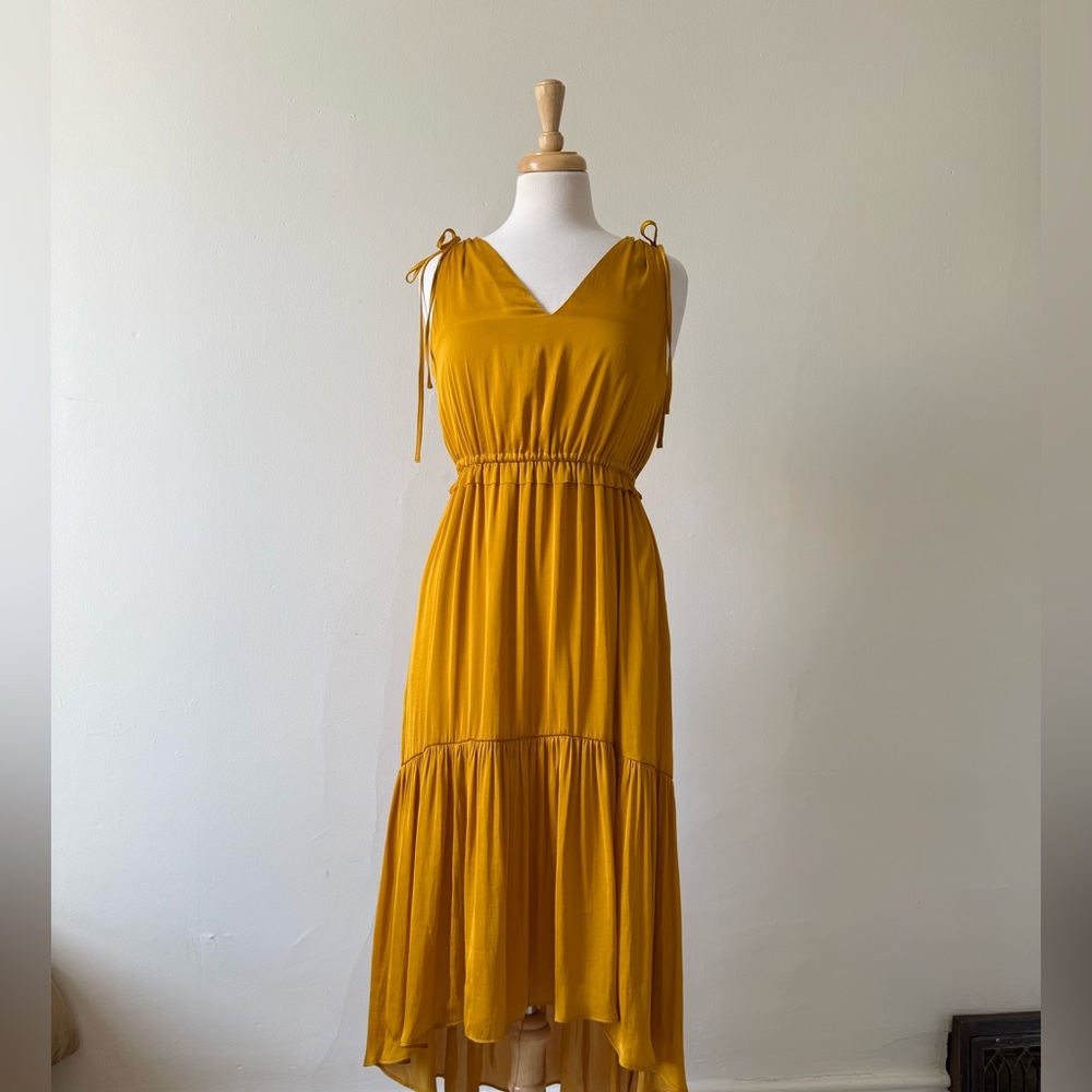 Banana Republic Petite Mustard Yellow Midi Dress | Tie Strap Tiered | Size 4P
